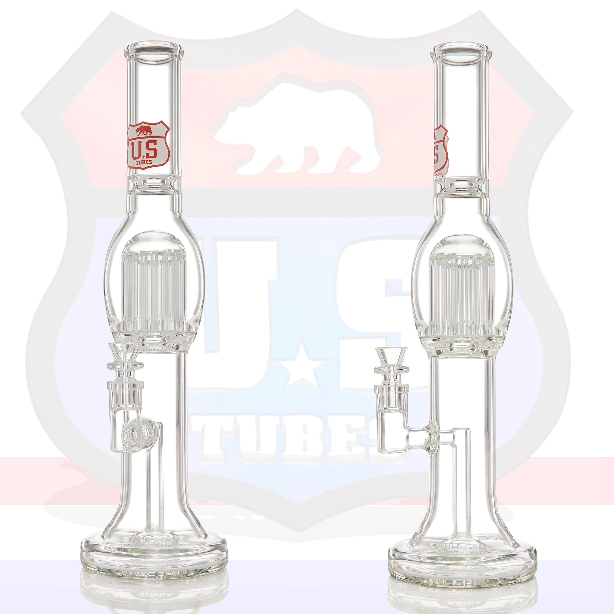 Hybrid Fixed Circ with 16 Arm Tree Perc Photo Edit showing two angles with US TUBES logo faintly behind the tubes